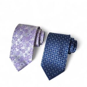 Joseph & Feiss 100% Silk Long Ties Floral Purple & Geometric Blue Set Of 2